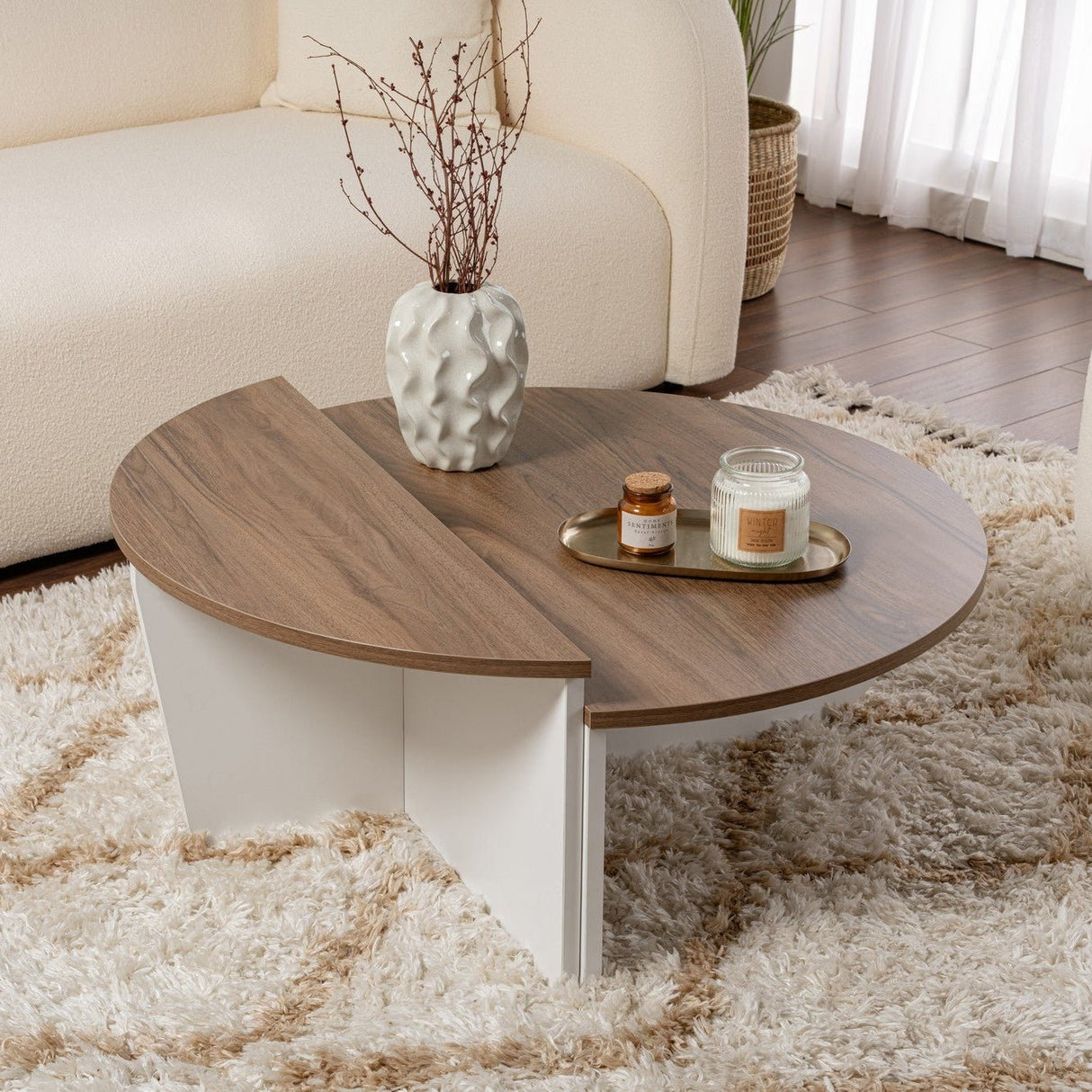 Salontafels - Ronde salontafel Orion walnoot en wit melamine 90x60 cm - Dimehouse