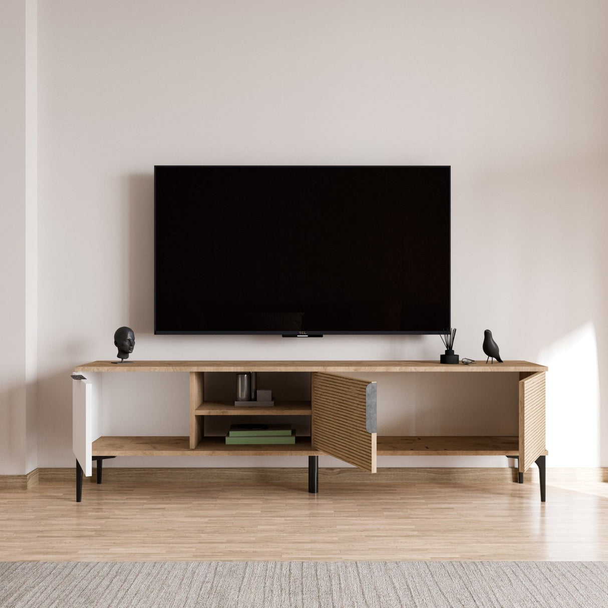 Sideboard Tarz in Weißeichenoptik 180 cm Weiß, Eichenoptik Melaminbeschichteter Holzverbundstoff