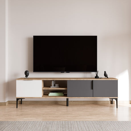 Tarz TV-Schrank mit offenen Fächern 180 cm Weiß, Anthrazit und Eichenoptik Melaminbeschichteter Holzverbundstoff
