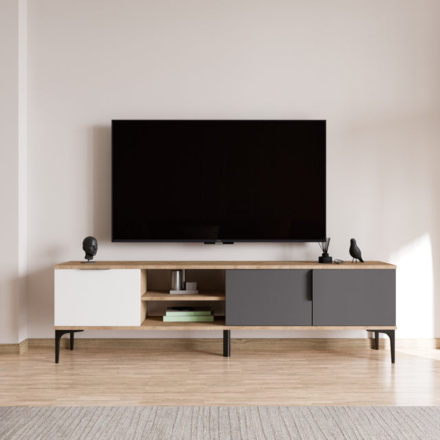Tarz TV-Schrank mit offenen Fächern 180 cm Weiß, Anthrazit und Eichenoptik Melaminbeschichteter Holzverbundstoff