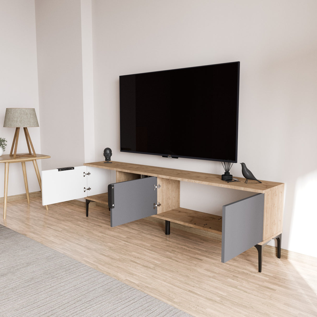 Tarz TV-Schrank mit offenen Fächern 180 cm Weiß, Anthrazit und Eichenoptik Melaminbeschichteter Holzverbundstoff