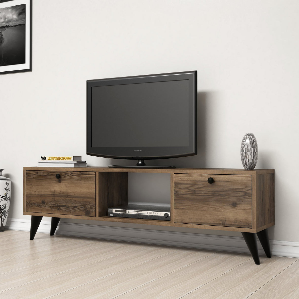 TV Meubels - TV Meubel Serenat Walnoot Zwart Melamine 138x42,6x29,5 cm - Dimehouse
