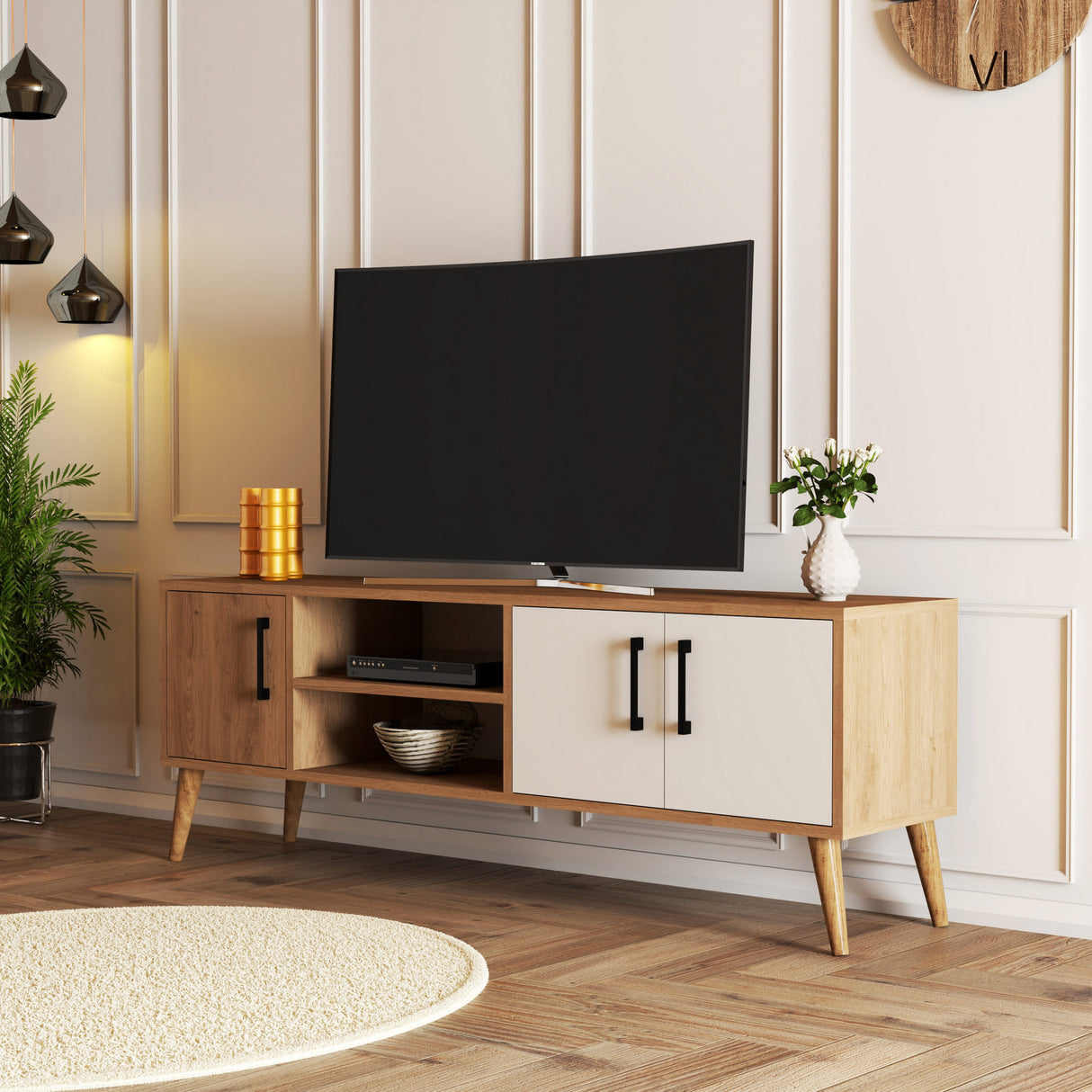 TV Meubels - TV Meubel Exxen Eik Wit Melamine 150x52x34 cm - Dimehouse