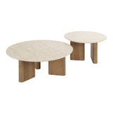 Salontafels - Set van 2 ronde salontafels Jimi travertin blad met walnoot onderstel - Dimehouse