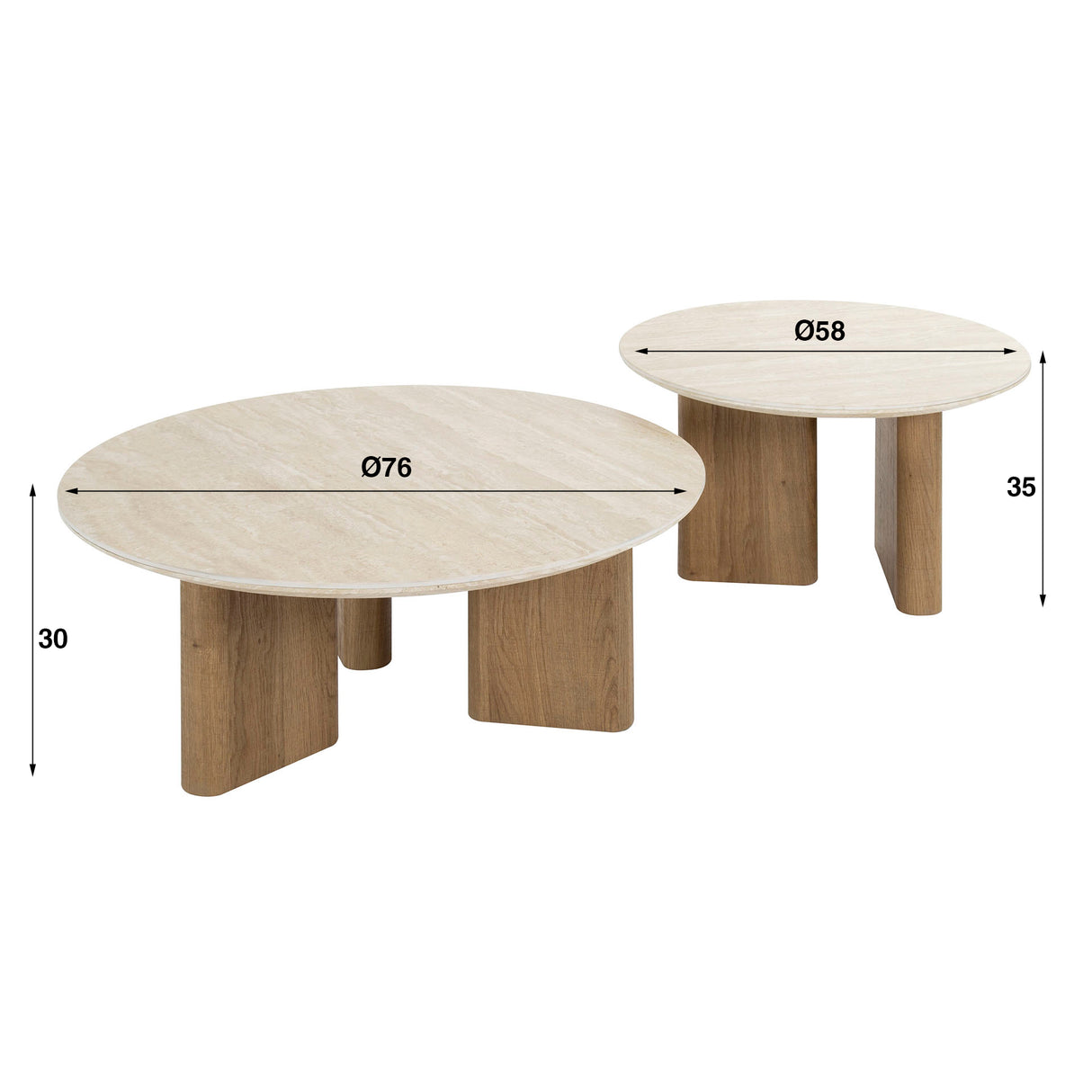 Salontafels - Set van 2 ronde salontafels Jimi travertin blad met walnoot onderstel - Dimehouse