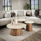 Salontafels - Set van 3 ronde salontafels Jimi travertin blad met walnoot onderstel - Dimehouse