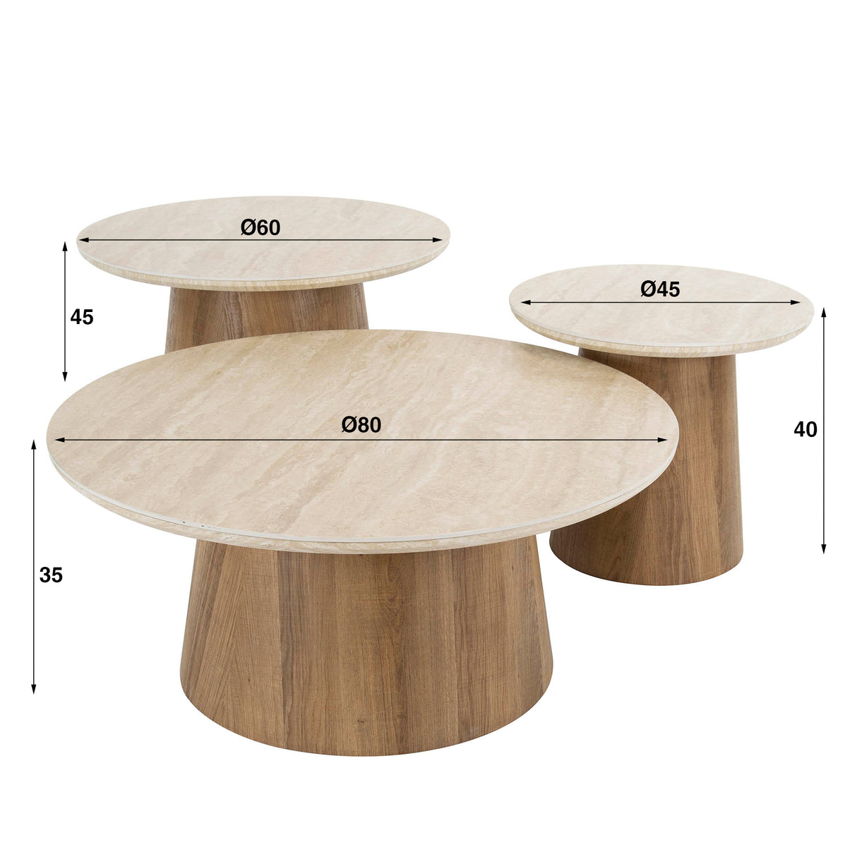 Salontafels - Set van 3 ronde salontafels Jimi travertin blad met walnoot onderstel - Dimehouse