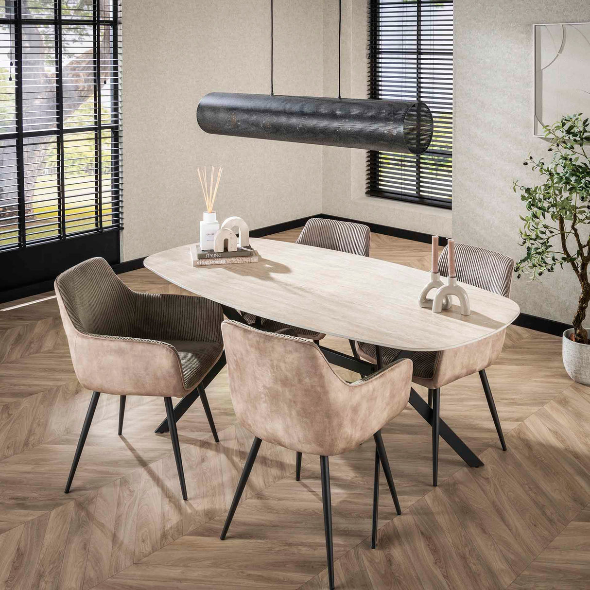 Eettafels - Eettafel Jimi Deens Ovaal Keramiek Travertinlook 180 cm - Dimehouse