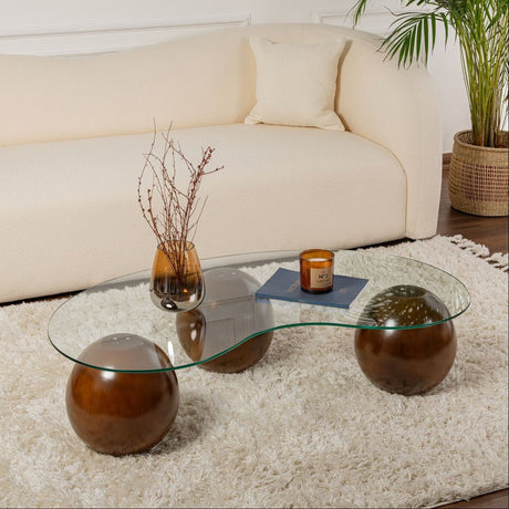 Salontafels - Organische salontafel transparant glas walnoot bolpoten Sphere 120x70 cm - Dimehouse