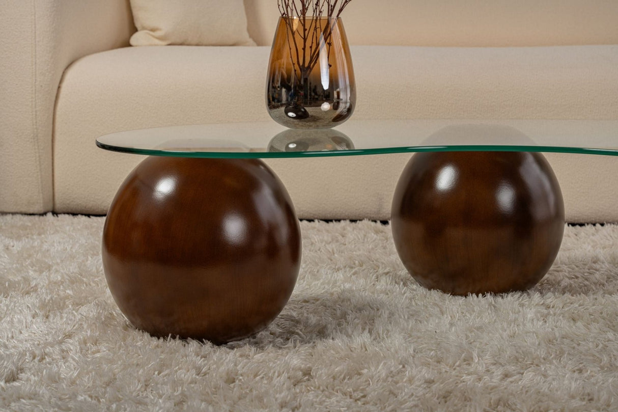 Salontafels - Organische salontafel transparant glas walnoot bolpoten Sphere 120x70 cm - Dimehouse