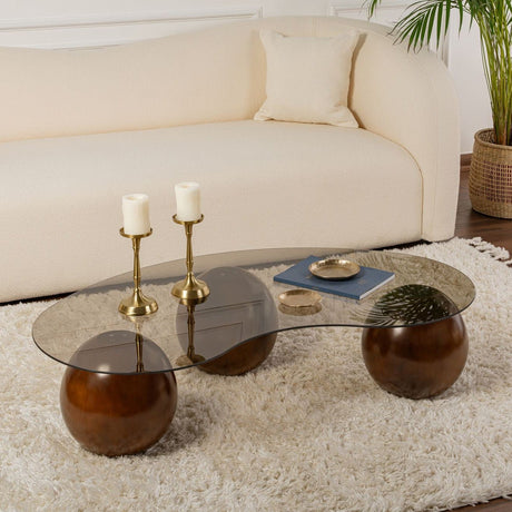 Salontafels - Organische salontafel brons getint glas walnoot bolpoten Sphere 120x70 cm - Dimehouse