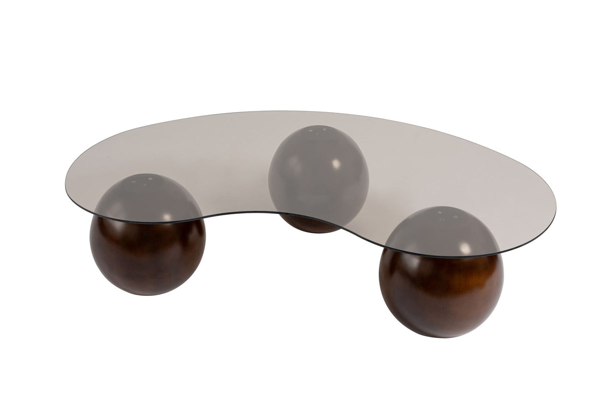 Salontafels - Organische salontafel brons getint glas walnoot bolpoten Sphere 120x70 cm - Dimehouse