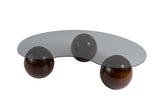Salontafels - Organische salontafel grijs getint glas walnoot bolpoten Sphere 120x70 cm - Dimehouse
