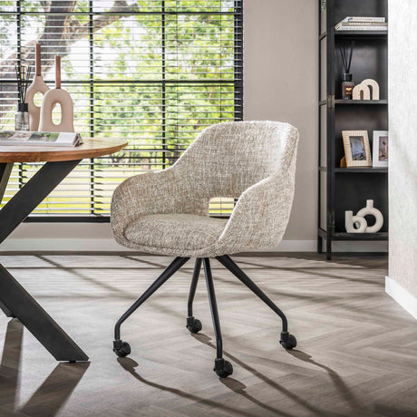 Eetkamerstoelen - Eetkamerstoel Met Wieltjes Springo Draaibaar Eagle Stof Crème - Dimehouse