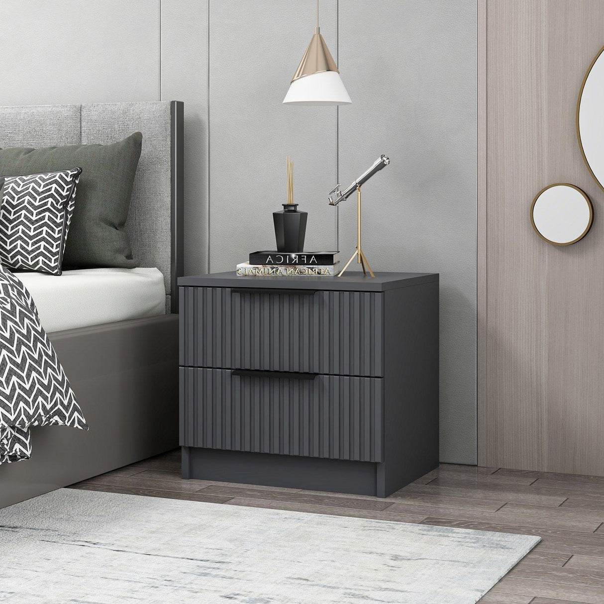 Nachtkastjes - Nachtkastje Kala Plus Antraciet Melamine 50x47x40 cm - Dimehouse