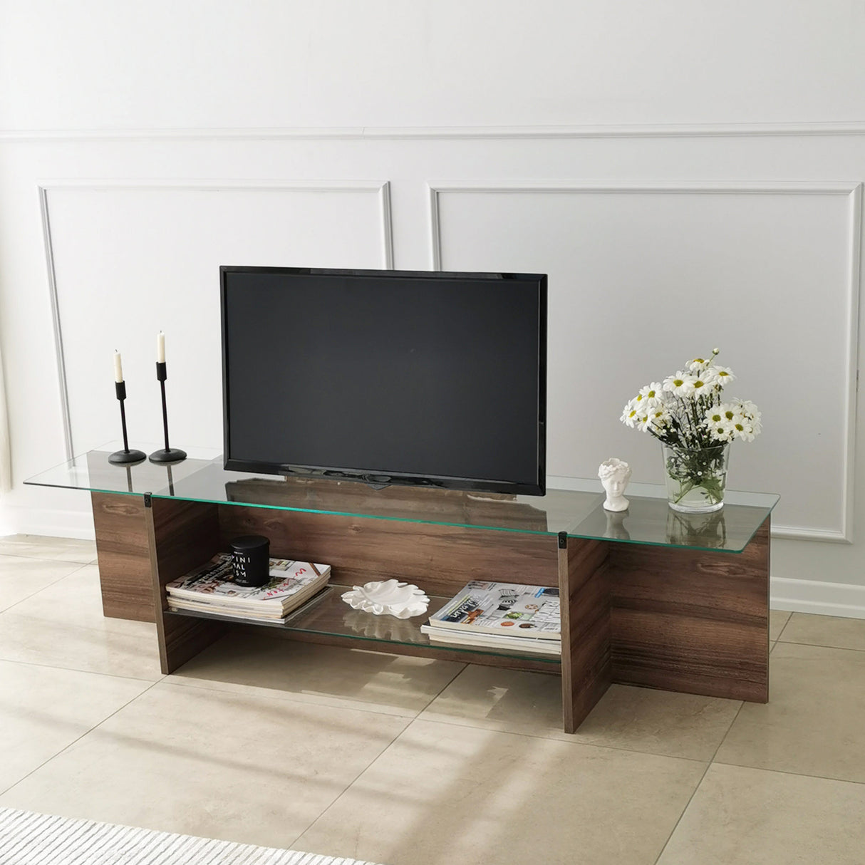 TV Meubels - TV Meubel Escape TV Walnoot Glas 158x40x35 cm - Dimehouse