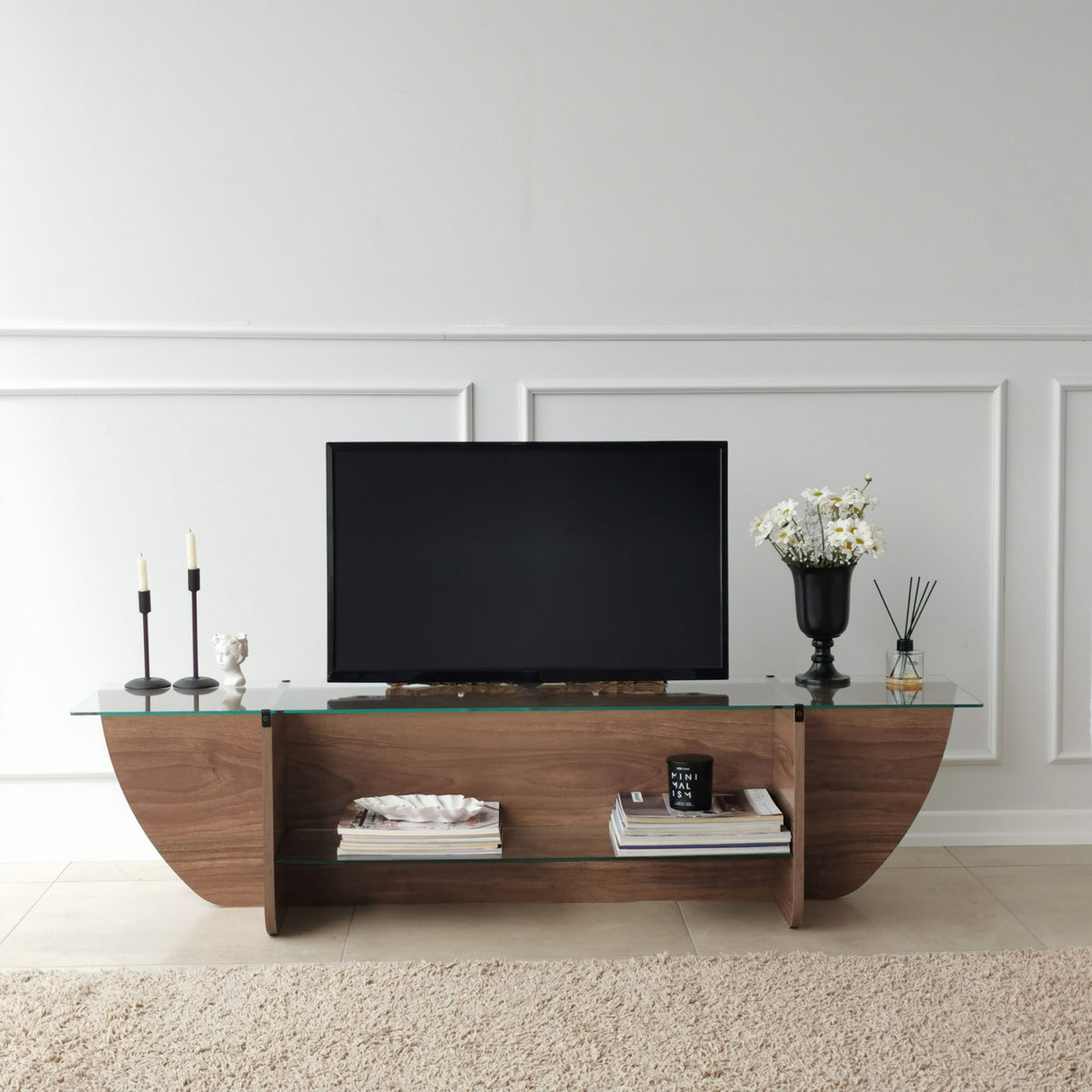 TV Meubels - TV Meubel Lily TV Walnoot Glas 158x40x35 cm - Dimehouse