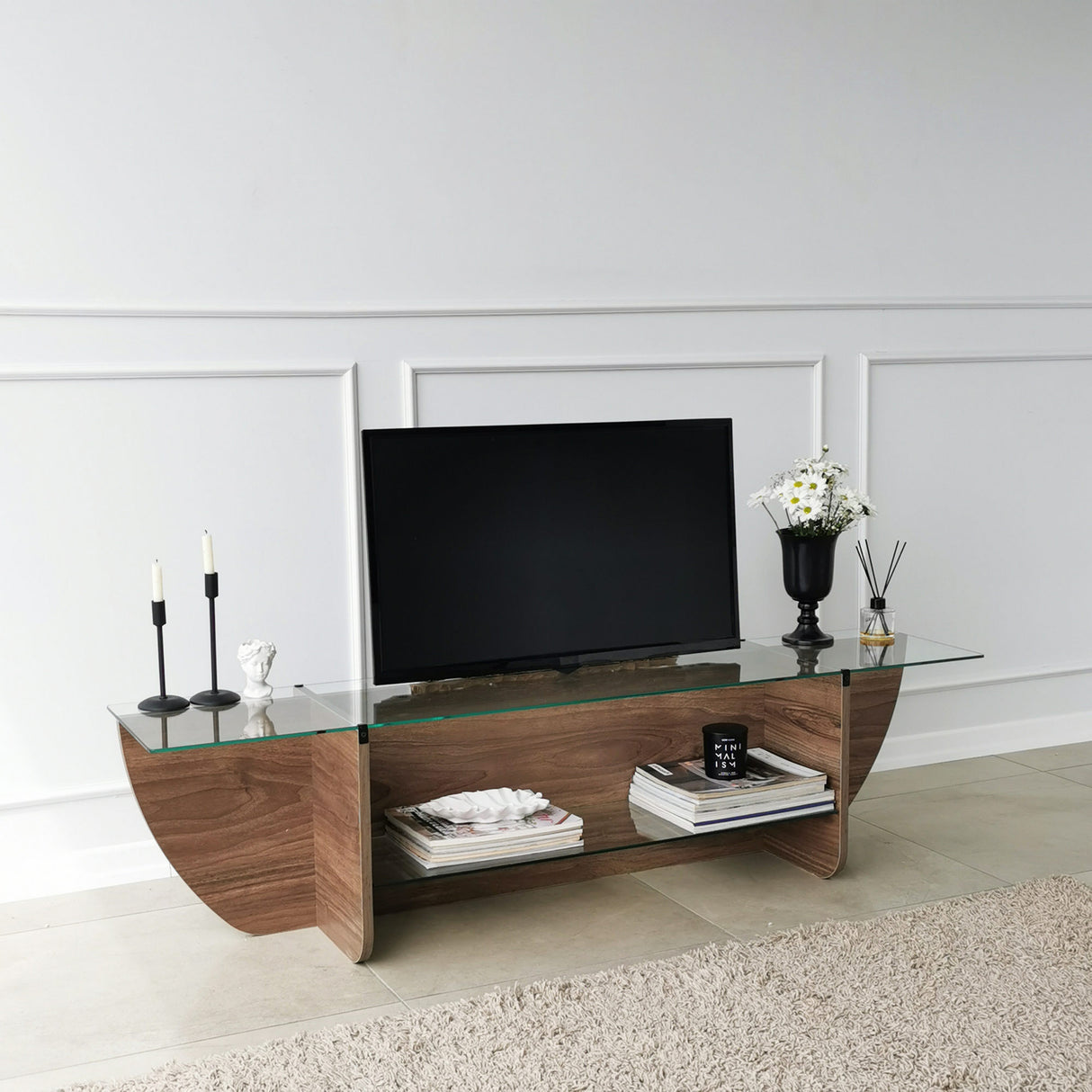 TV Meubels - TV Meubel Lily TV Walnoot Glas 158x40x35 cm - Dimehouse