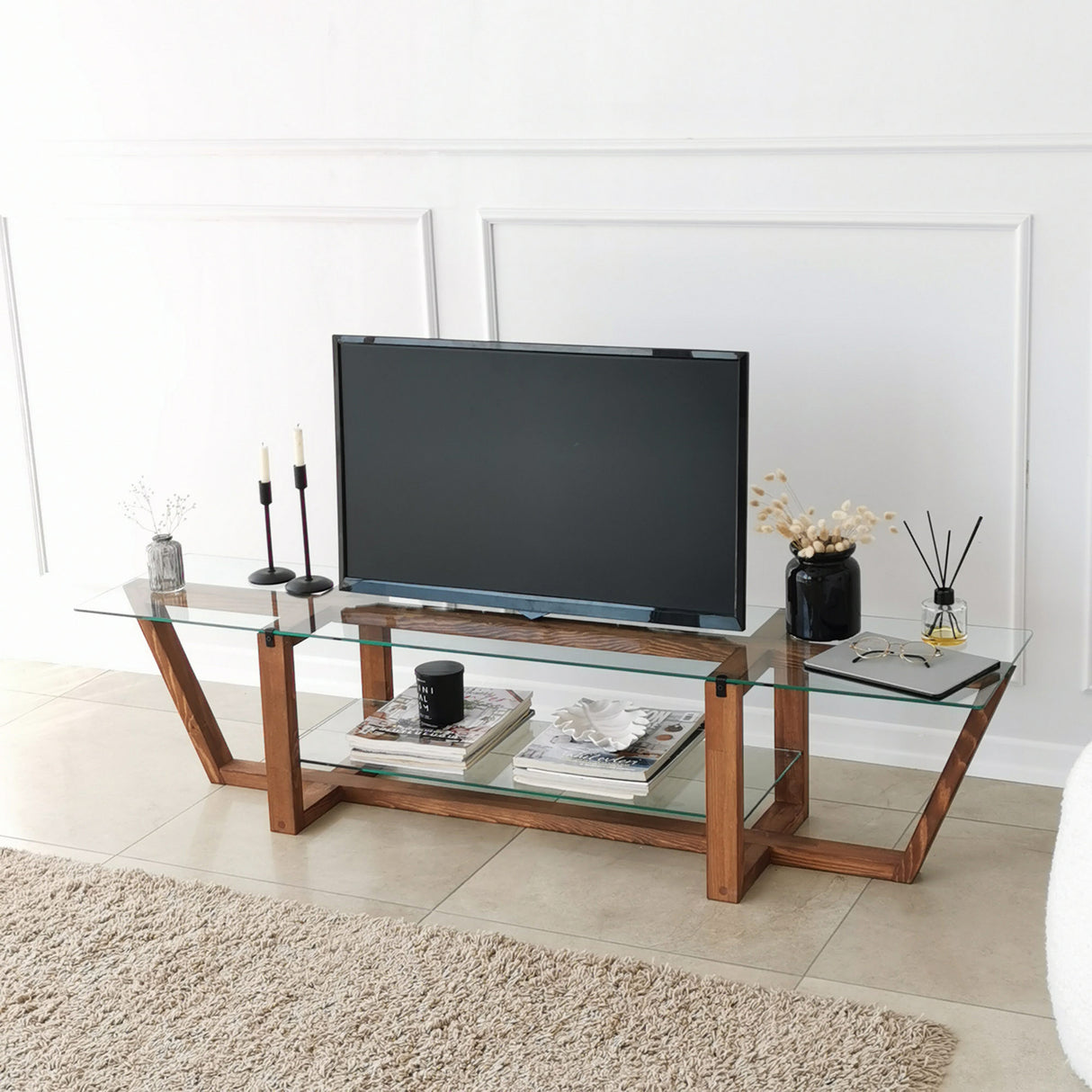 TV Meubels - TV Meubel Amaufi Walnoot Glas 158x35x35 cm - Dimehouse
