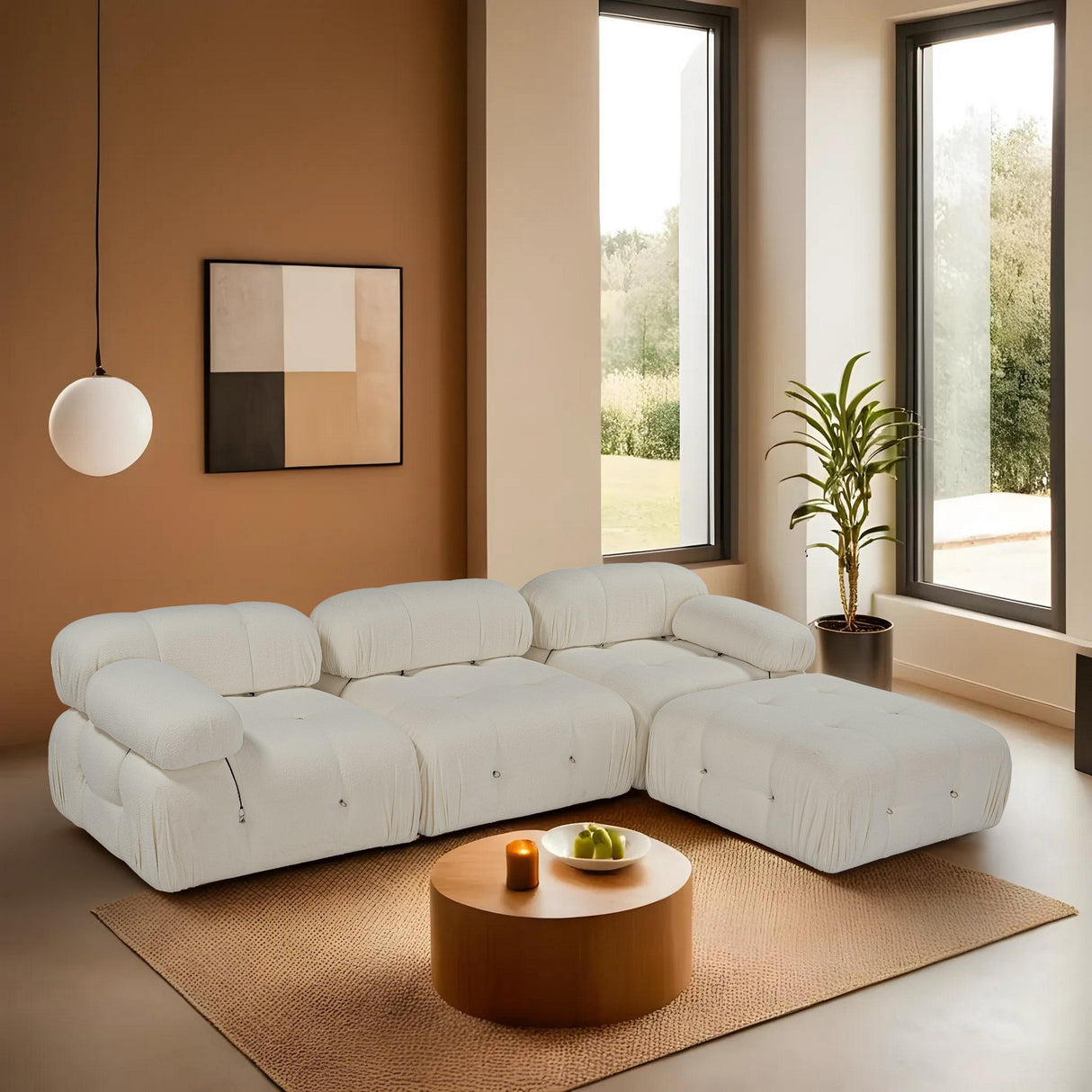 Banken - Modulaire XXL hoekbank Bubble met hocker - bouclé wit - Dimehouse
