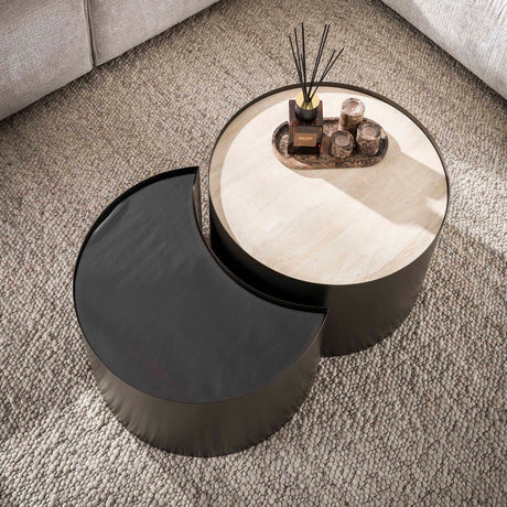 Salontafels - Set van 2 salontafels Moony – metalen frame & keramiek travertin look en glas - Dimehouse