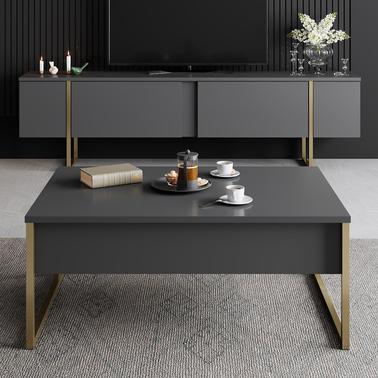 Salontafels - Rechthoekige Salontafel Antraciet Luxe 90x60 - Gouden Frame - Dimehouse