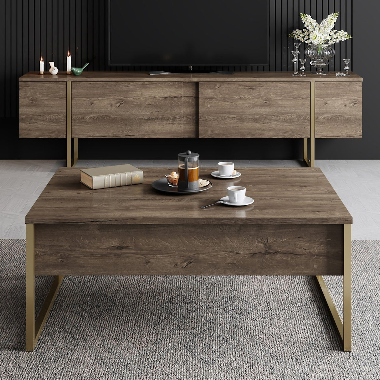 Meubelsets - Meubelset Walnoot Luxe - Salontafel + TV Meubel - Gouden Frame - Dimehouse