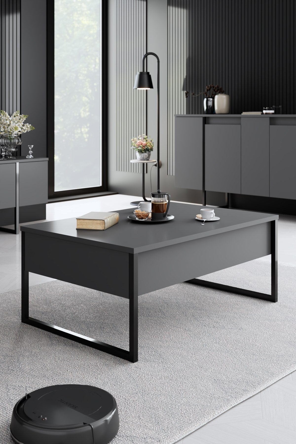 Meubelsets - Meubelset Antraciet Luxe - Salontafel + TV Meubel + Dressoir - Zwart Frame - Dimehouse