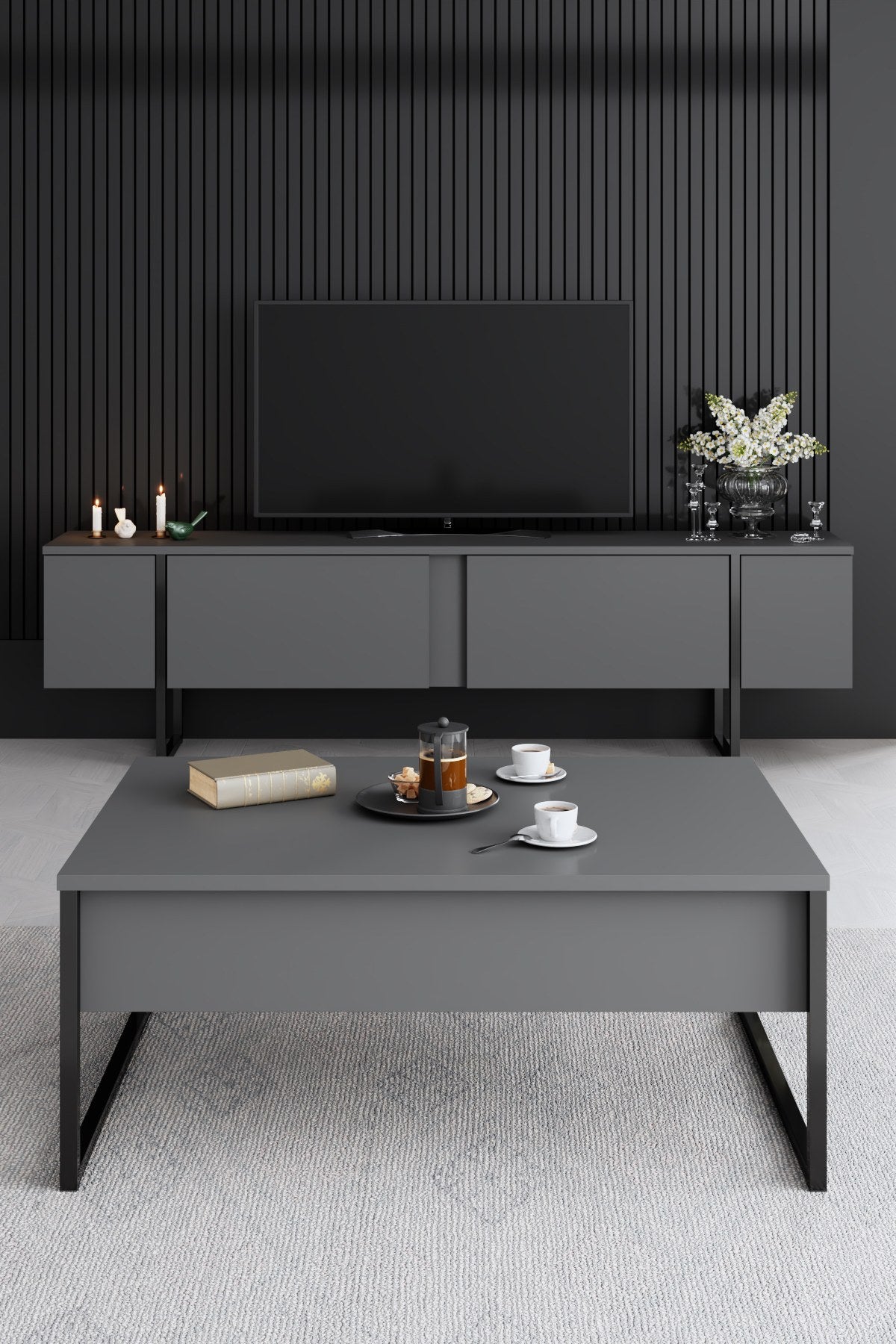 Meubelsets - Meubelset Antraciet Luxe - Salontafel + TV Meubel + Dressoir - Zwart Frame - Dimehouse