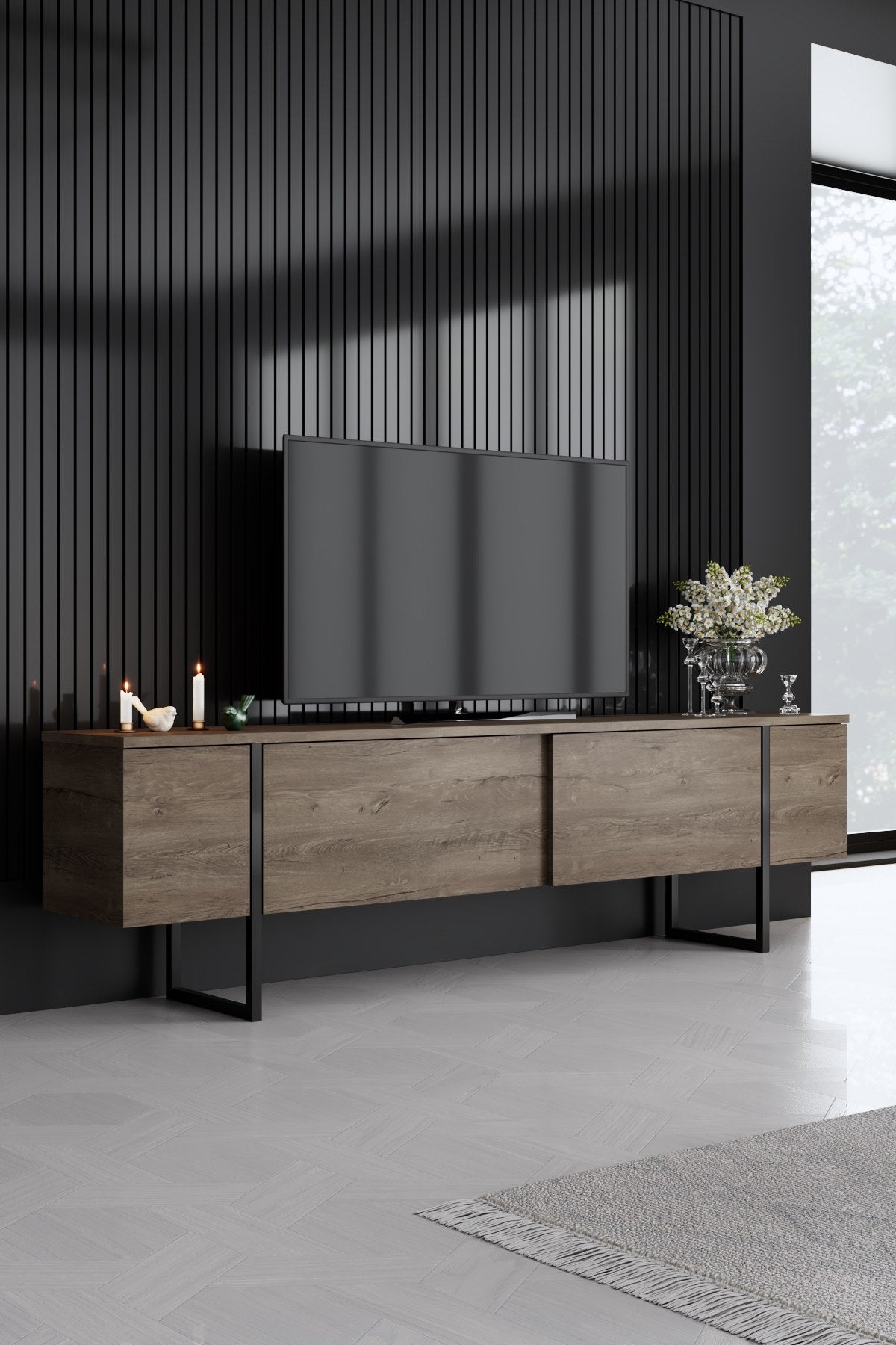 Meubelsets - Meubelset Walnoot Luxe - Salontafel + TV Meubel + Dressoir - Zwart Frame - Dimehouse