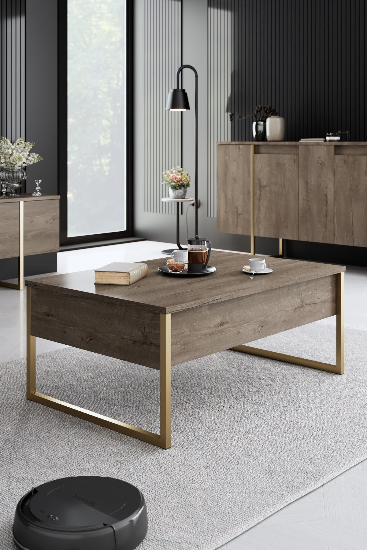 Meubelsets - Meubelset Walnoot Luxe - Salontafel + TV Meubel + Dressoir - Gouden Frame - Dimehouse