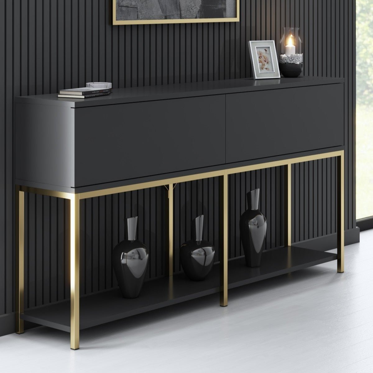 Dressoirs - Modern Dressoir Antraciet Lord 150x30x80 - Gouden Frame - Twee Vakken - Dimehouse
