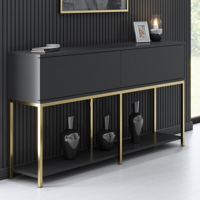 Dressoirs - Modern Dressoir Antraciet Lord 150x30x80 - Gouden Frame - Twee Vakken - Dimehouse