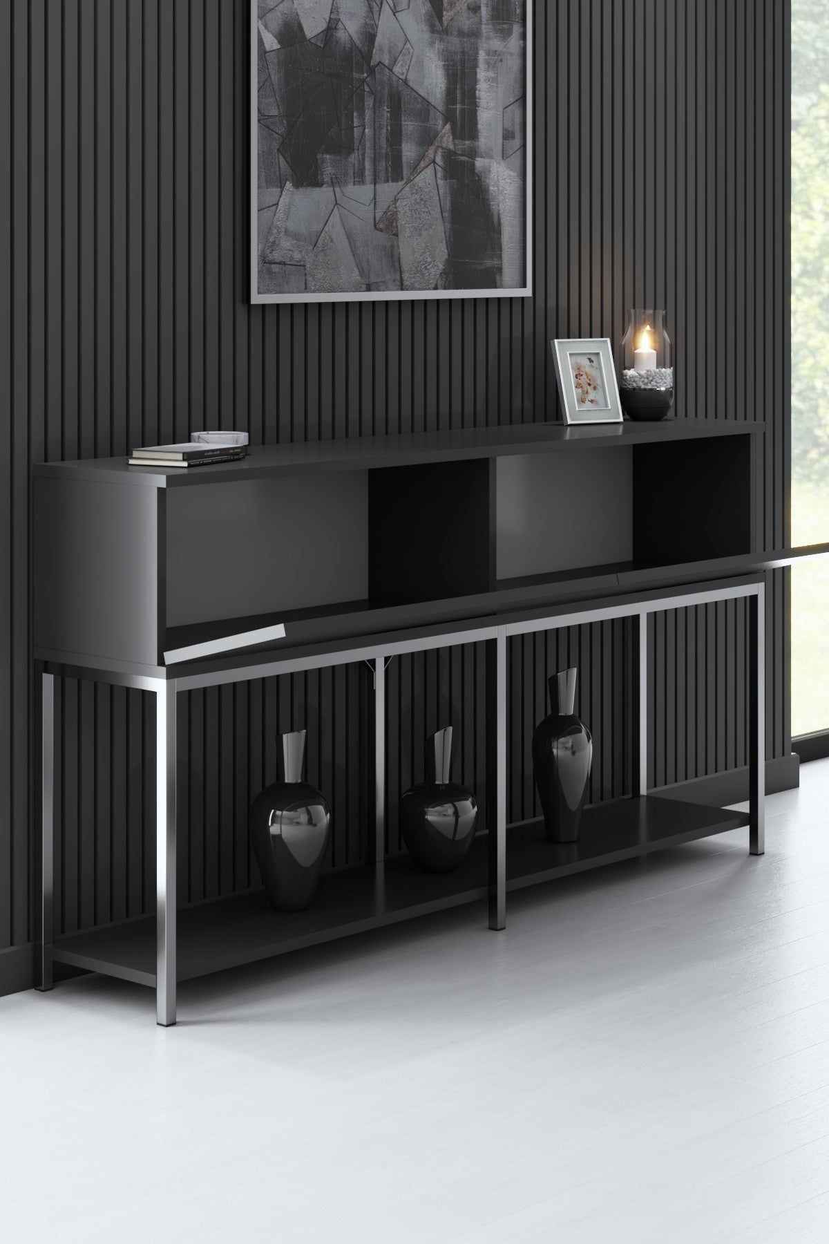 Dressoirs - Modern Dressoir Antraciet Lord 150x30x80 - Zilver Frame - Twee Vakken - Dimehouse