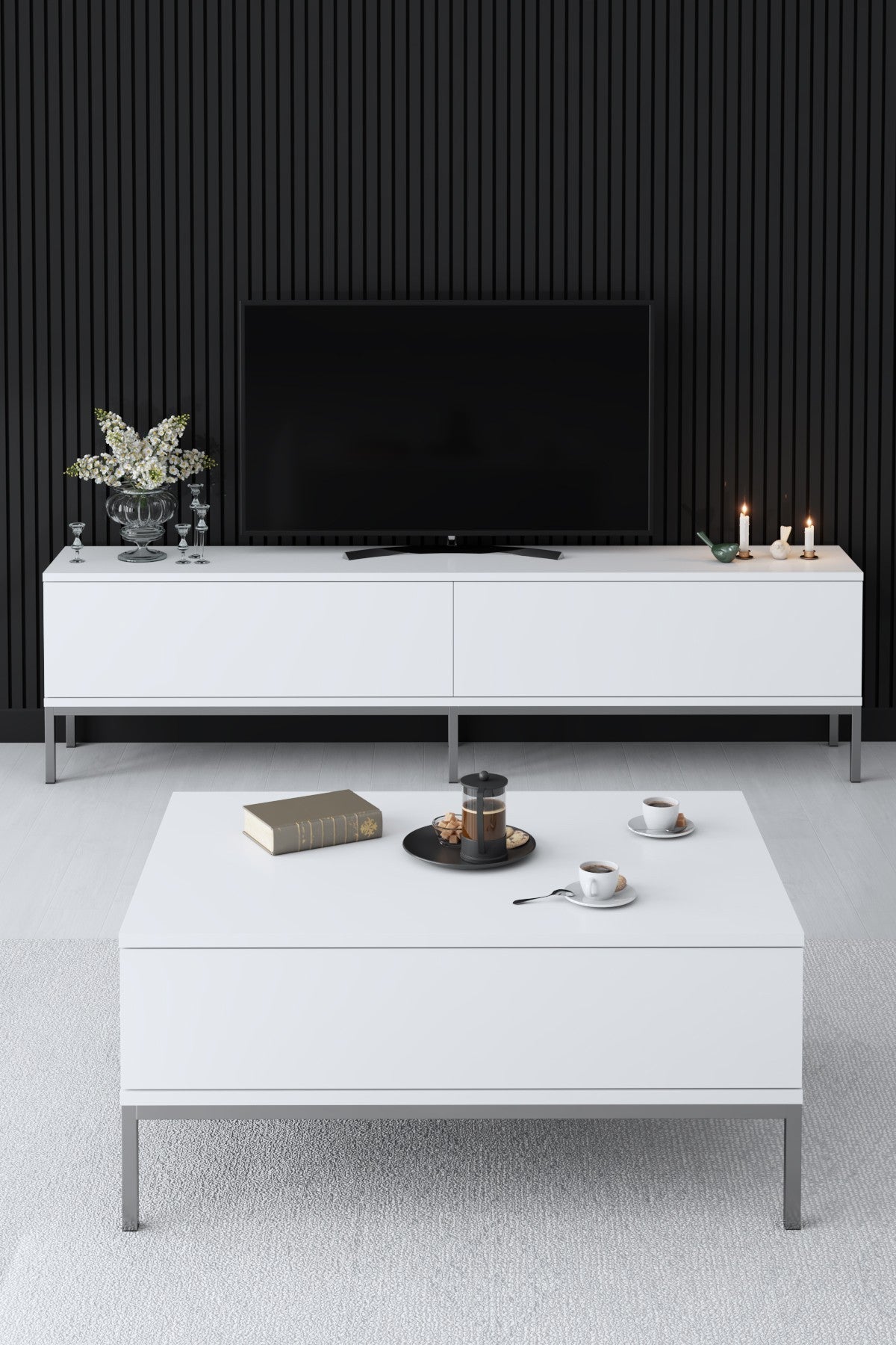 Salontafels - Rechthoekige Salontafel Wit Lord 90x60 - Zilver Frame - Dimehouse