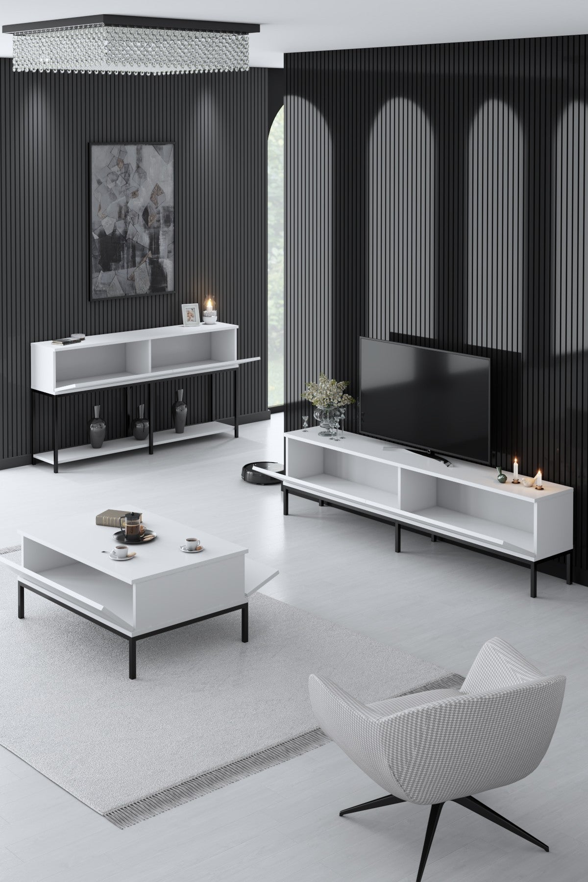 Meubelsets - Meubelset Wit Lord - Salontafel + TV Meubel + Dressoir - Zwart Frame - Dimehouse
