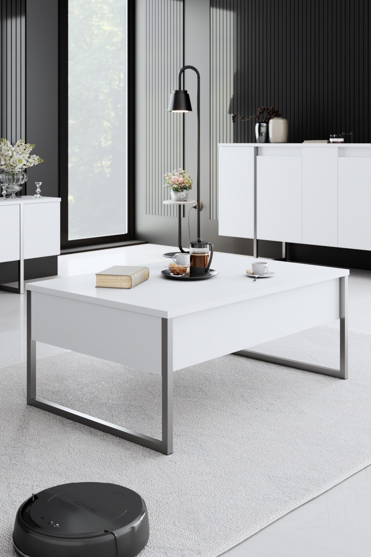 Meubelsets - Meubelset Wit Luxe - Salontafel + TV Meubel + Dressoir Luxe - Zilver Frame - Dimehouse