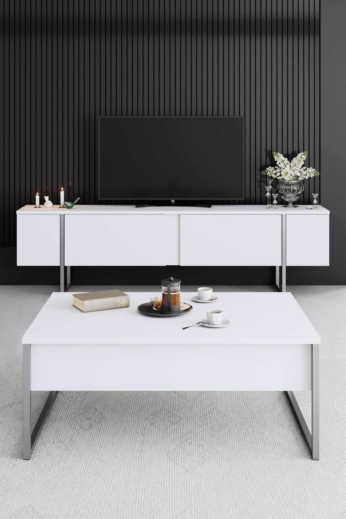 Meubelsets - Meubelset Wit Luxe - Salontafel + TV Meubel + Dressoir Luxe - Zilver Frame - Dimehouse