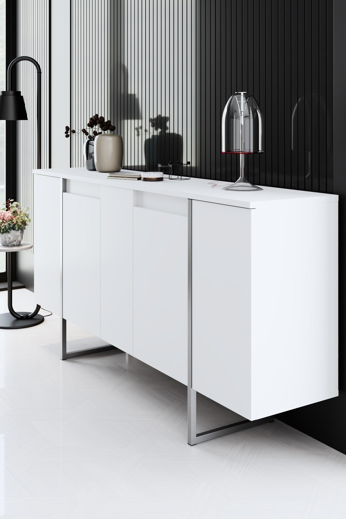 Meubelsets - Meubelset Wit Luxe - Salontafel + TV Meubel + Dressoir Luxe - Zilver Frame - Dimehouse