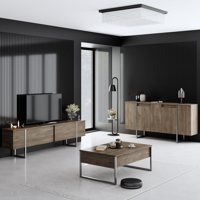 Meubelsets - Meubelset Walnoot Luxe - Salontafel + TV Meubel + Dressoir - Zilver Frame - Dimehouse
