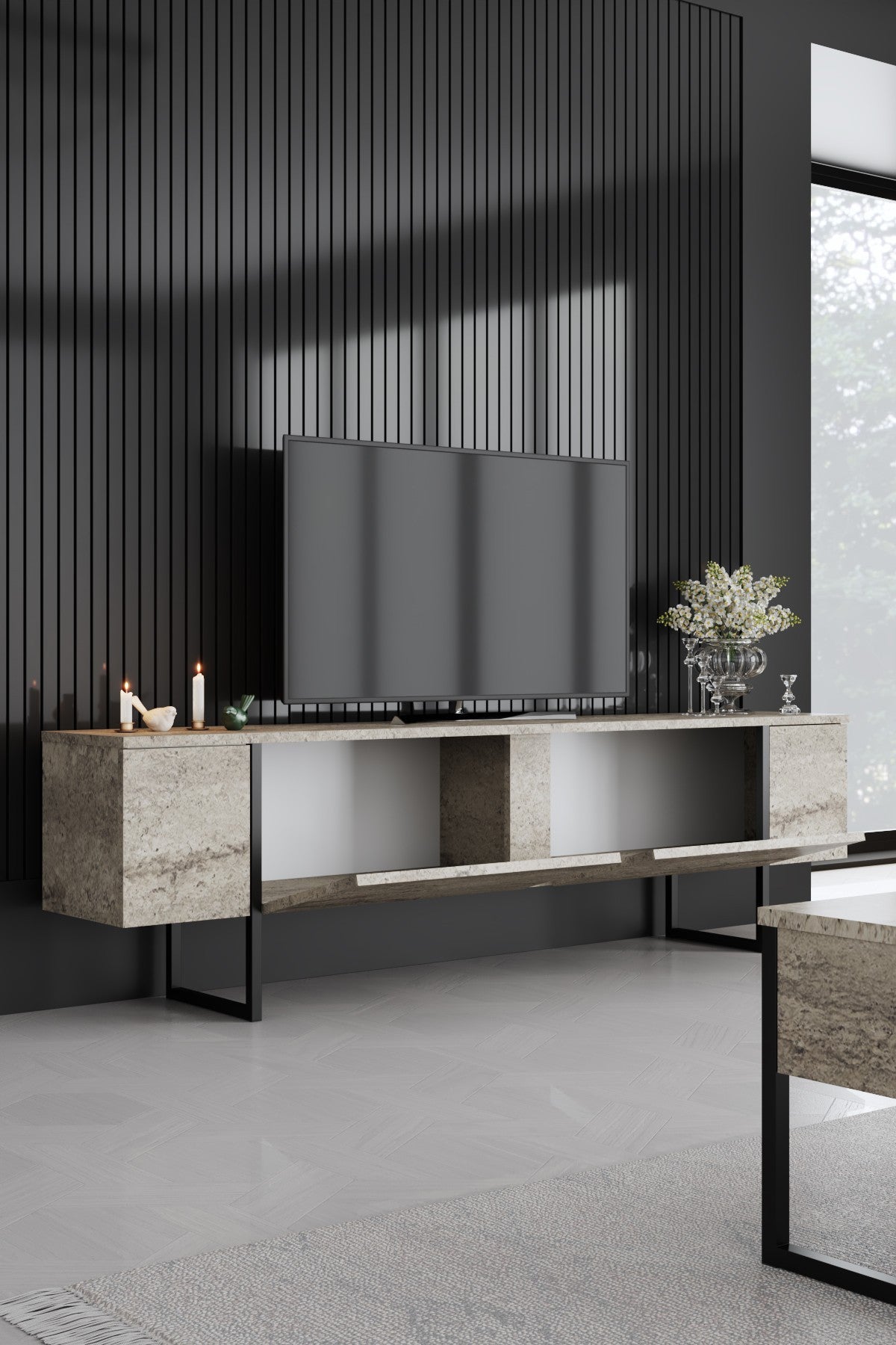 Meubelsets - Meubelset Travertin Luxe - Salontafel + TV Meubel + Dressoir Luxe - Zwart Frame - Dimehouse