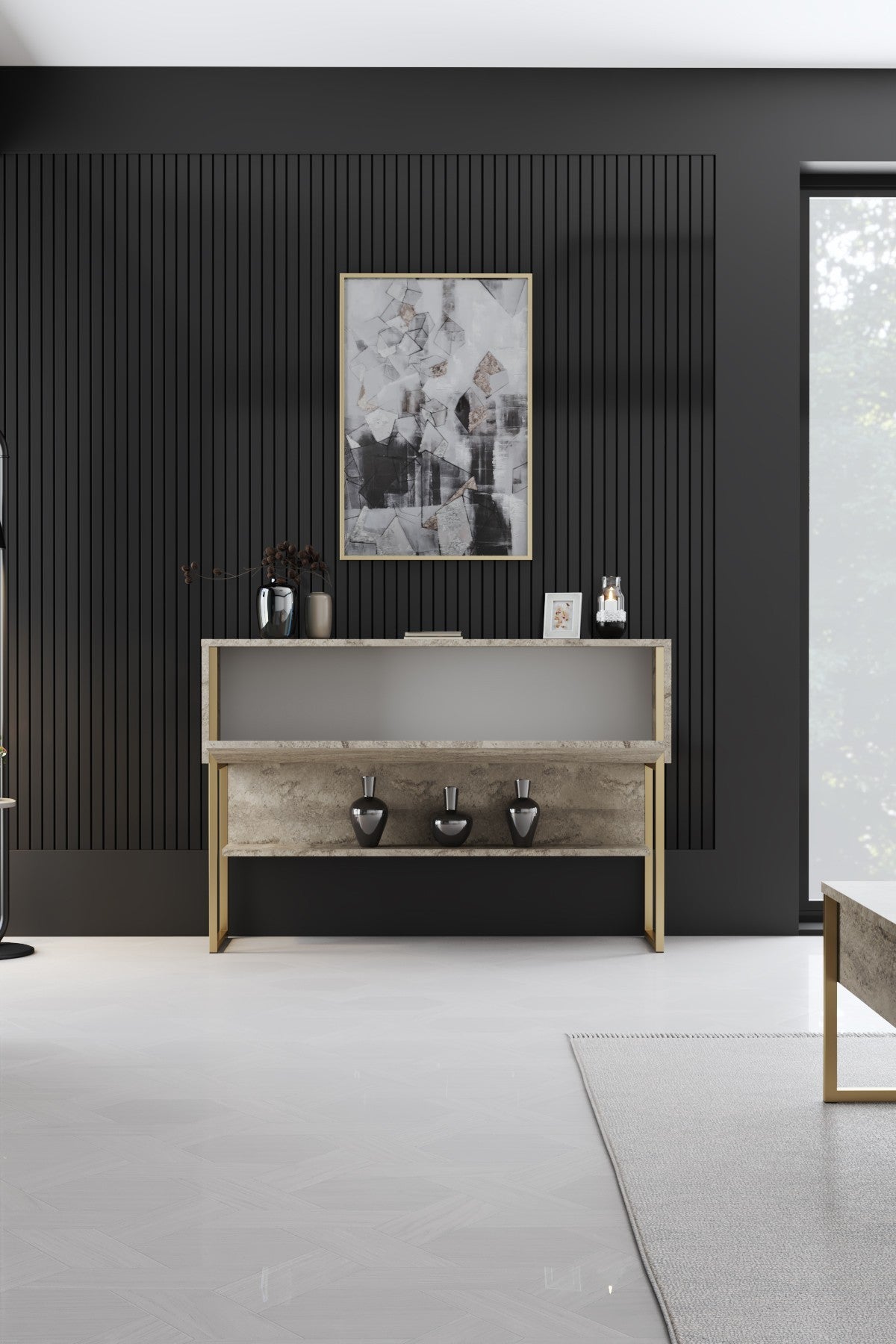 Meubelsets - Meubelset Travertin Luxe - Salontafel + TV Meubel + Dressoir Luxe - Gouden Frame - Dimehouse