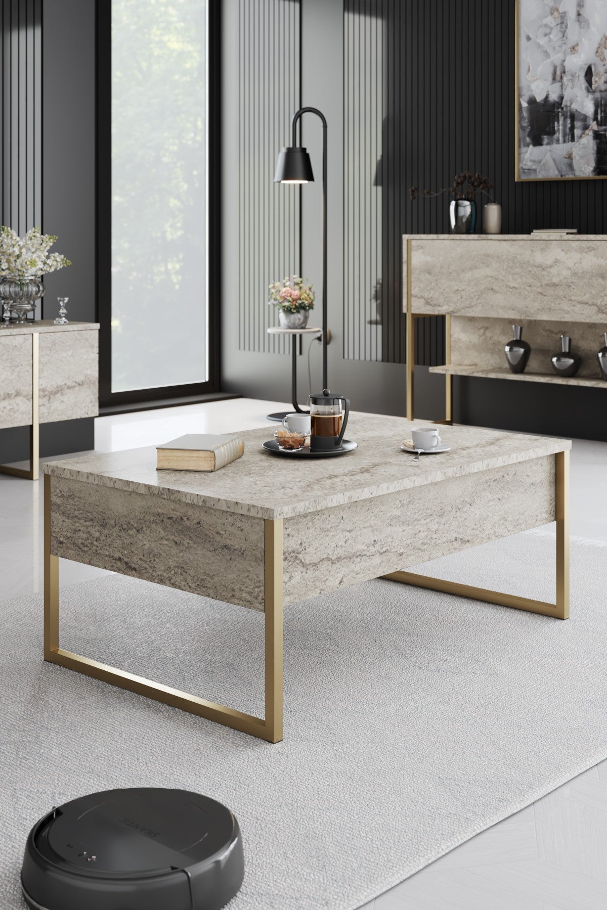 Meubelsets - Meubelset Travertin Luxe - Salontafel + TV Meubel + Dressoir Luxe - Gouden Frame - Dimehouse
