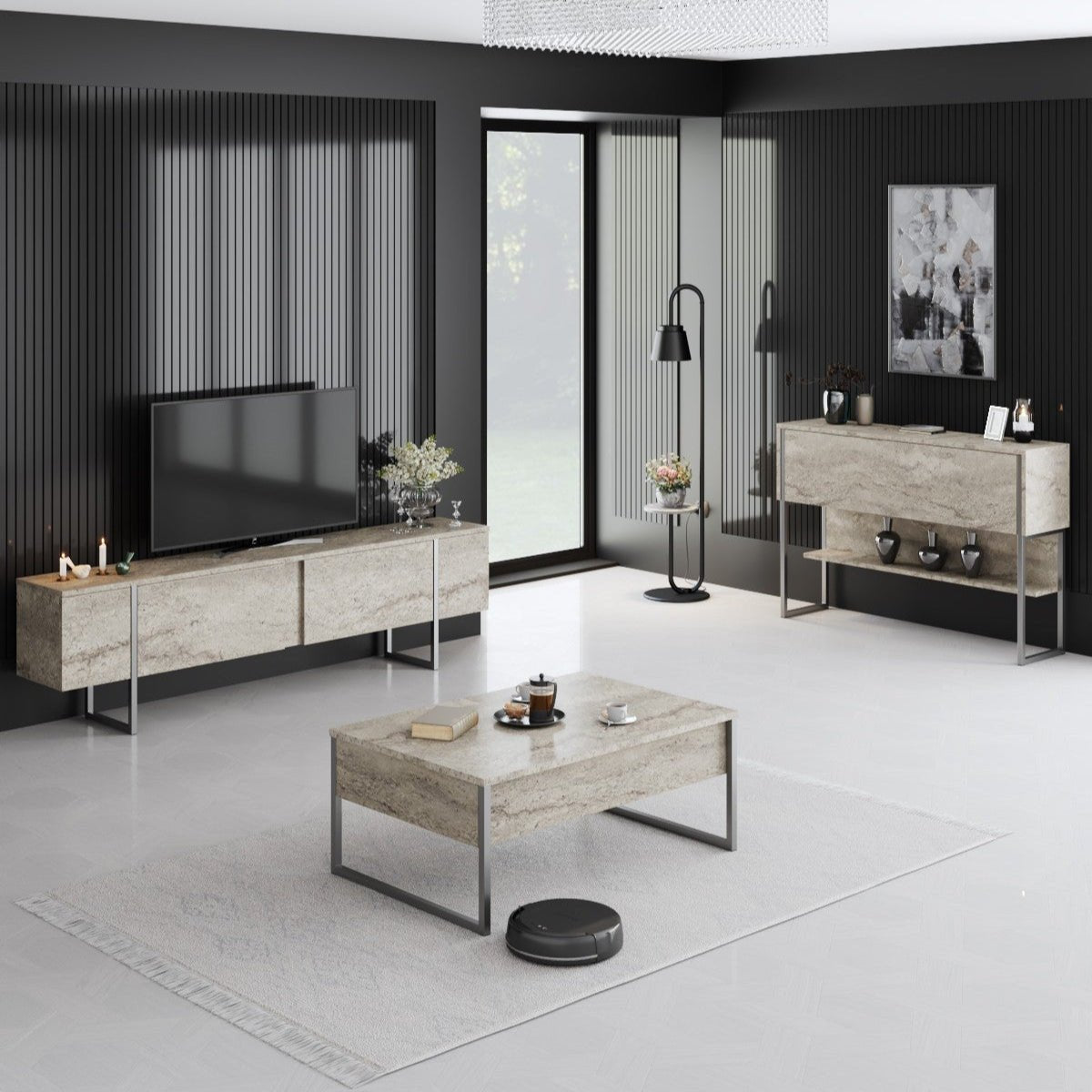 Meubelsets - Meubelset Travertin Luxe - Salontafel + TV Meubel + Dressoir - Zilver Frame - Dimehouse