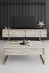 Salontafels - Rechthoekige Salontafel Travertin Luxe 90x60 - Gouden Frame - Dimehouse