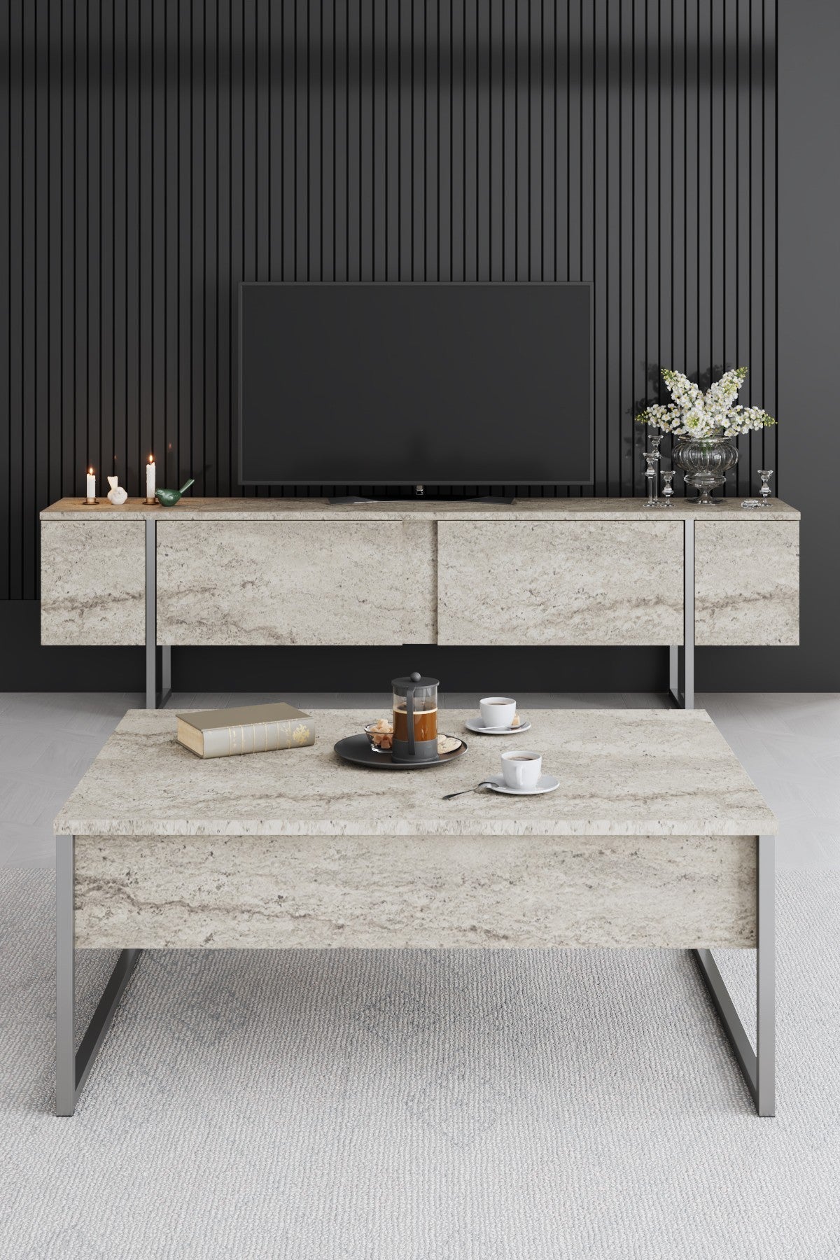 Salontafels - Rechthoekige Salontafel Travertin Luxe 90x60 - Zilver Frame - Dimehouse