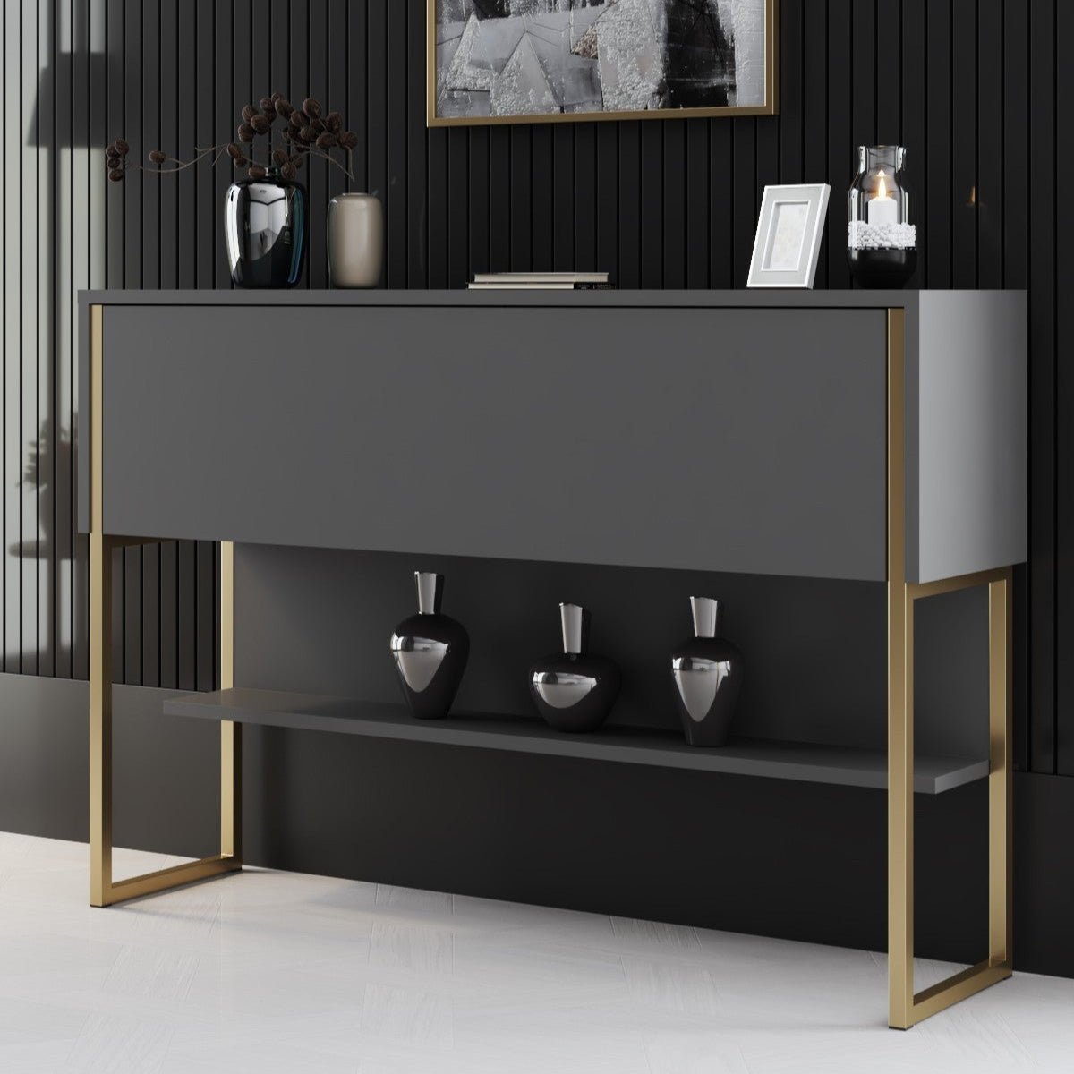 Dressoirs - Modern Dressoir Antraciet Luxe 120x80x30 - Gouden Frame - Eén Vak - Dimehouse