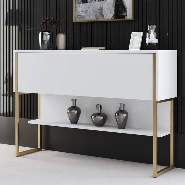 Dressoirs - Modern Dressoir Wit Luxe 120x80x30 - Gouden Frame - Eén Vak - Dimehouse