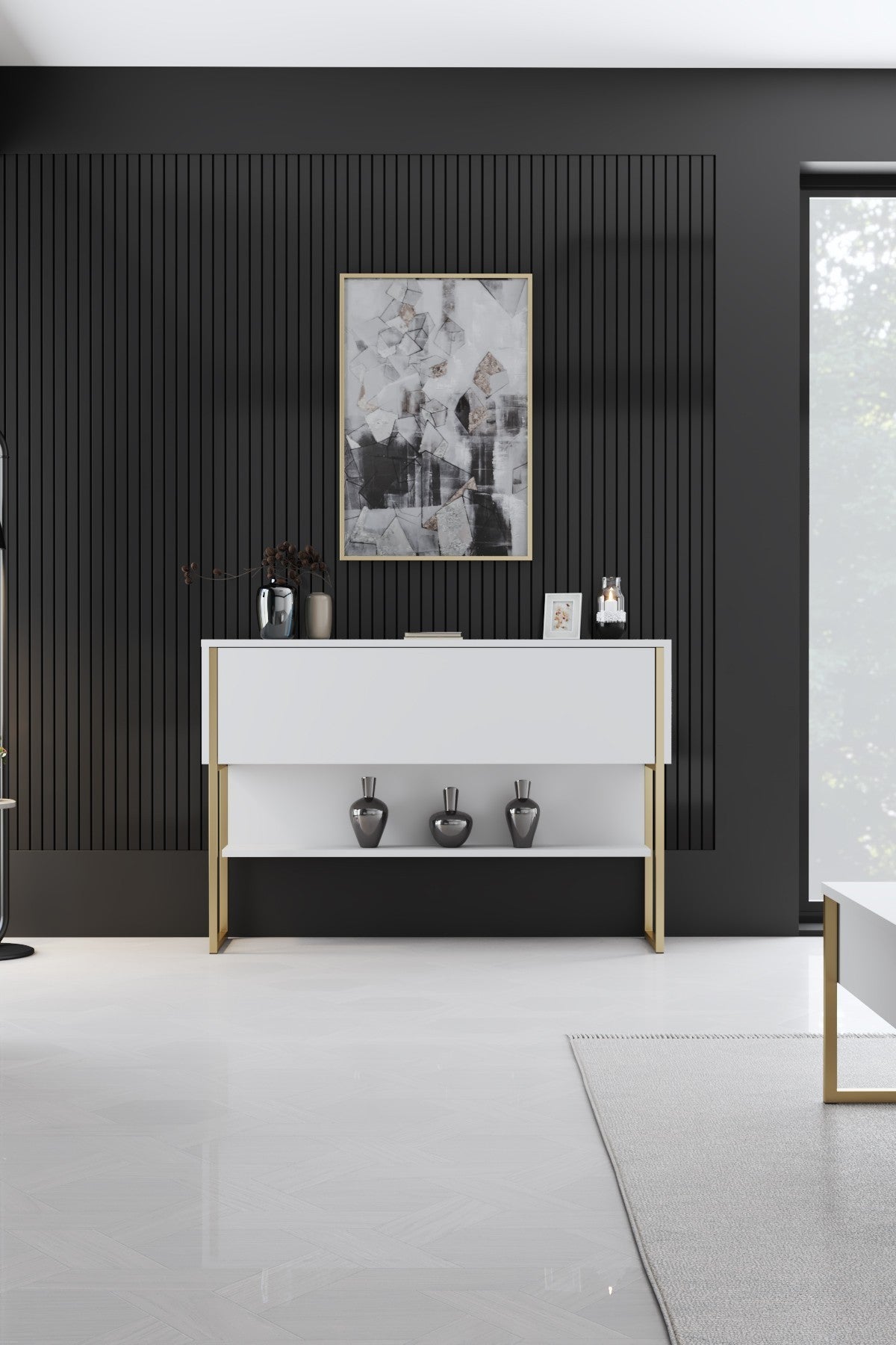 Dressoirs - Modern Dressoir Wit Luxe 120x80x30 - Gouden Frame - Eén Vak - Dimehouse