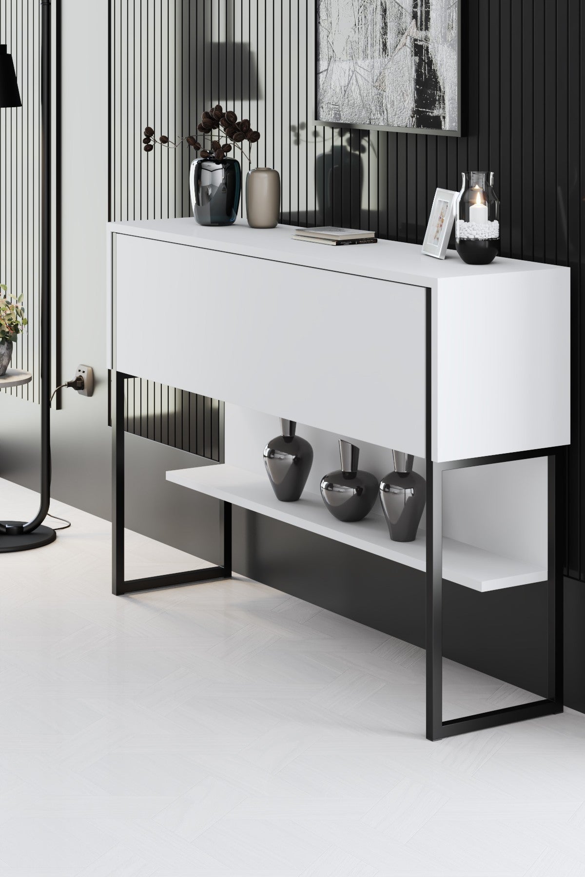 Dressoirs - Modern Dressoir Wit Luxe 120x80x30 - Zwart Frame - Eén Vak - Dimehouse